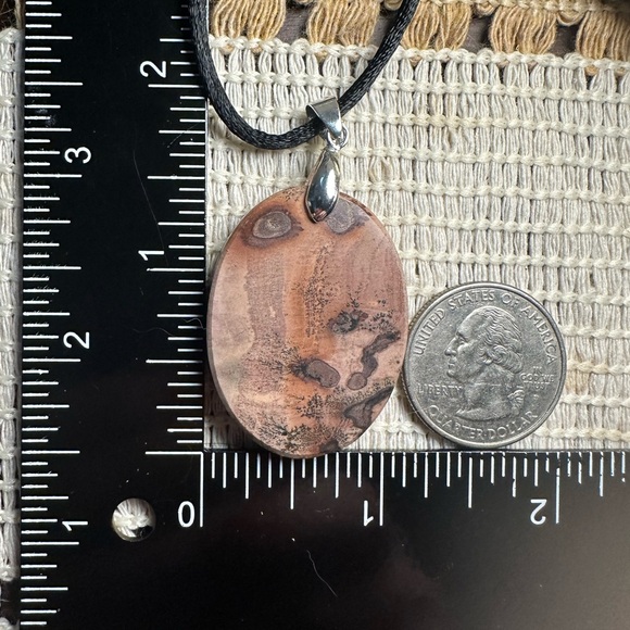 Oval Red Flower Picture Jasper Pendant on Black Satin Rope - Picture 13 of 13